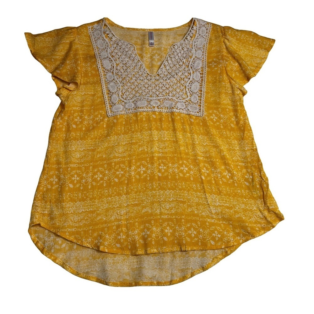 Xhilaration Yellow White Floral Short Sleeves Top Shirt Crochet on Front NWOT - Picture 12 of 13